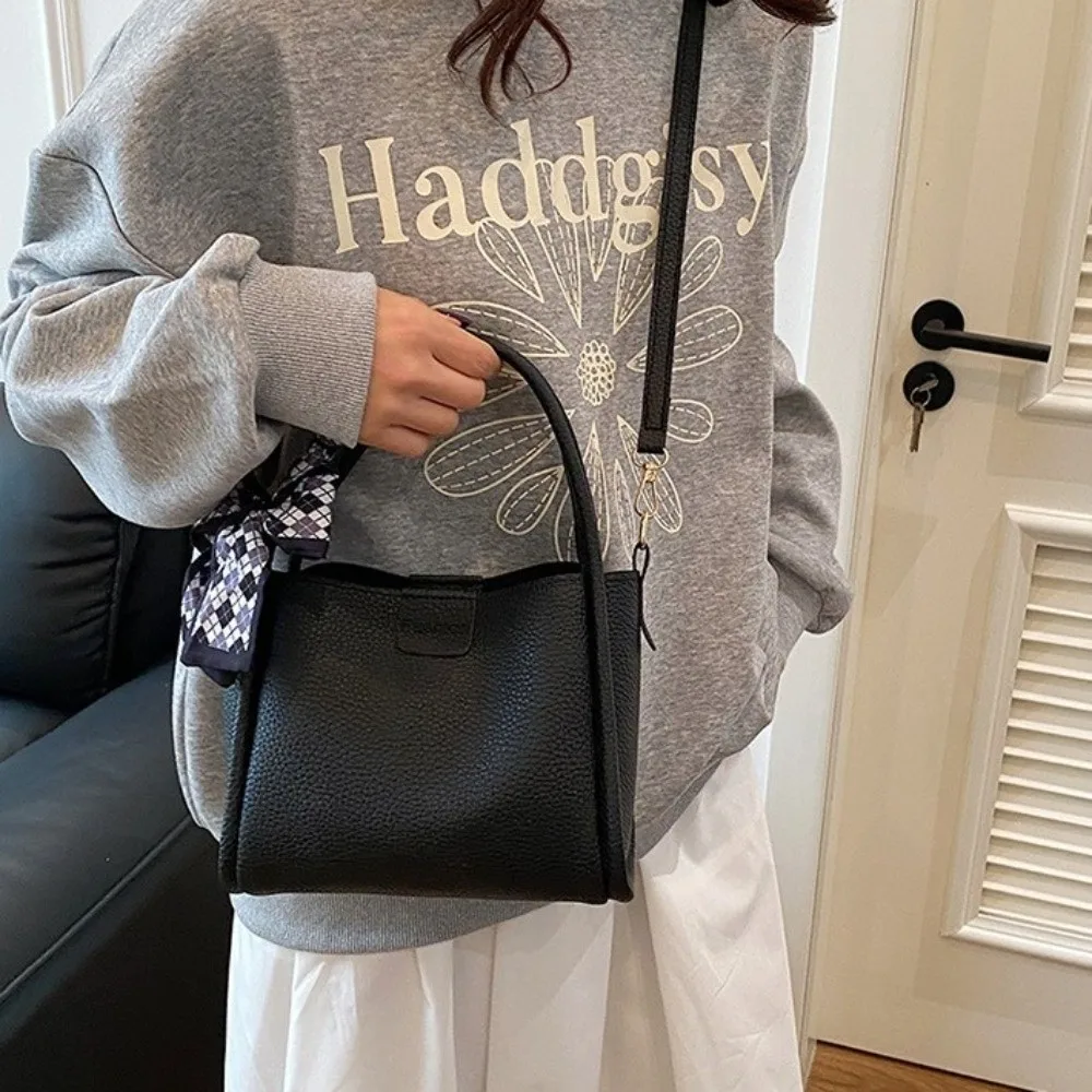 Elegant Minimalist Pu Leather Bucket Bag Versatile with Ribbon Crossbody Bag Solid Color Korean Style Women 's Handbag Travel