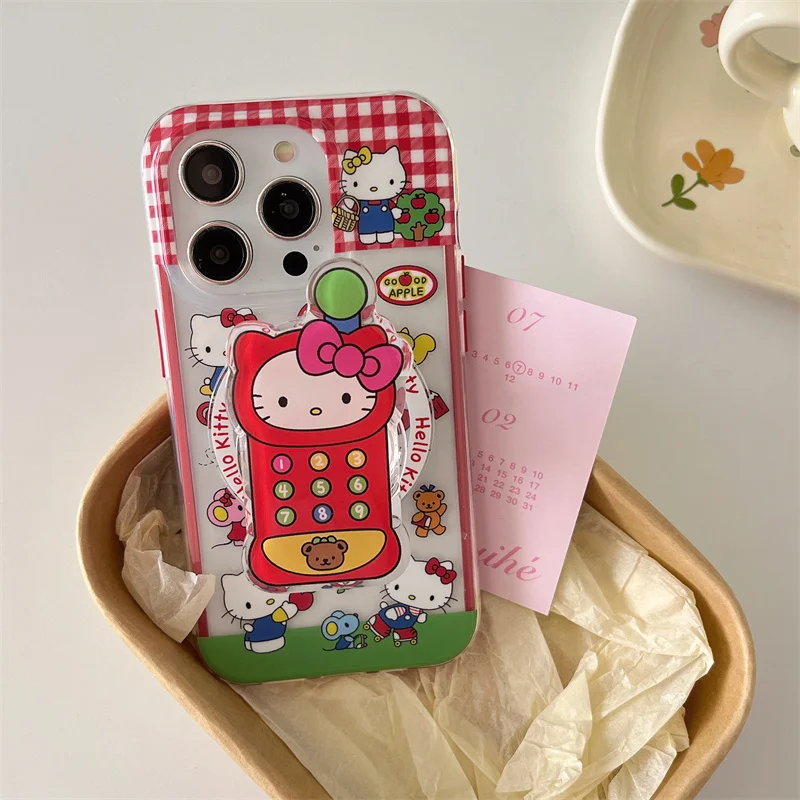 Śliczne różowe etui z kratką Hello Kitty Magsafe do ładowania bezprzewodowego dla iPhone\'a 13 14 15 Pro Max 16 Pro Max Urocza mobilna podstawka