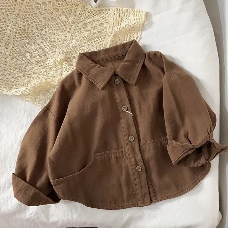 Korean Boys Shirt Long Sleeve Spring and Autumn 2024 New Style Girls Shirt Baby Top Children Solid All-match Cardigan