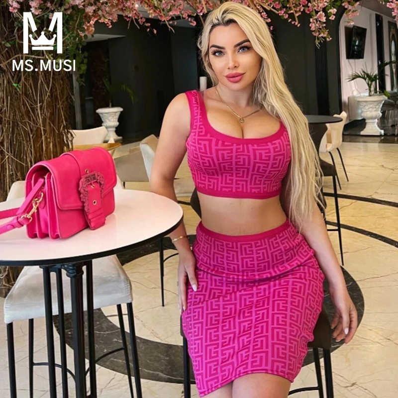 MSMUSI 2024 Nieuwe Mode Vrouwen Sexy Bandage Tweedelige Set Bodycon Party Strap Mouwloze Tank Top Knielengte Korte Rok set