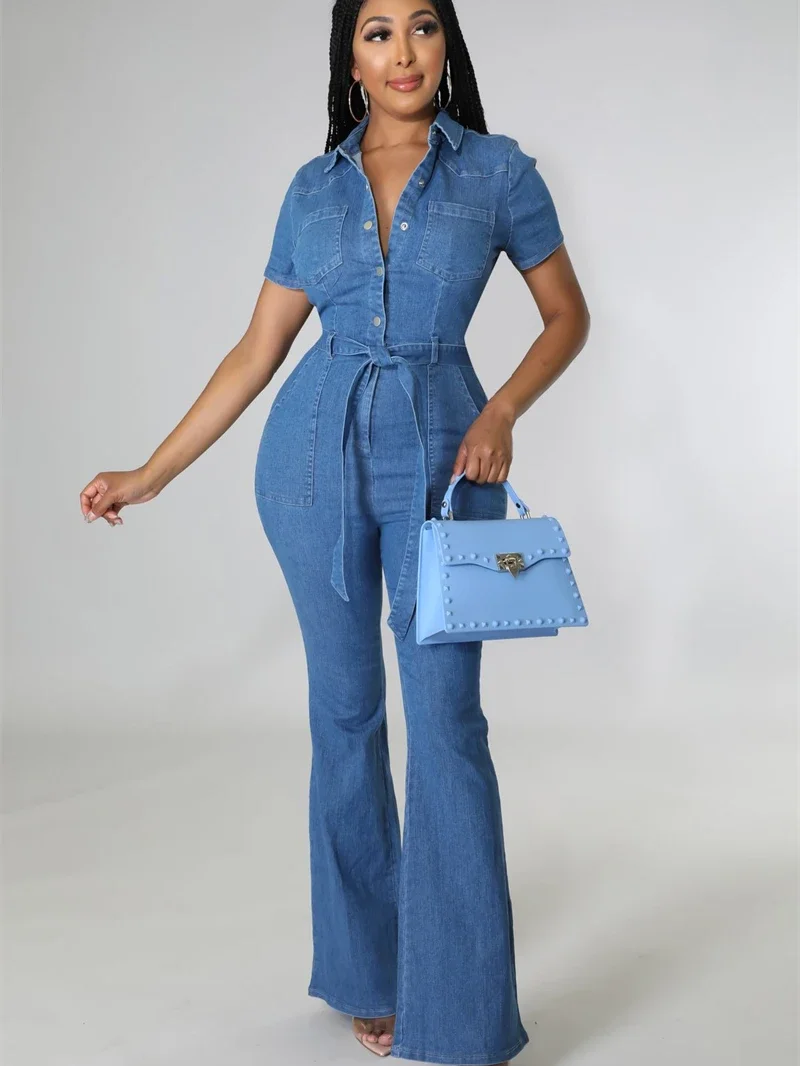 

Vintage Denim Jumpsuits for Women Summer Clothes Short Sleeve Button Up Jean Rompers Playsuits Street One Piece Overalls Outfits