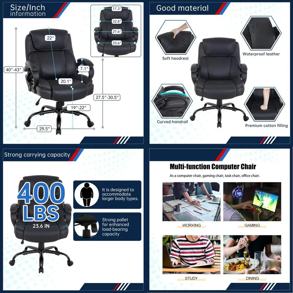 

Прочное офисное кресло с грузоподъемностью 400 фунтов, из искусственной кожи, с регулируемой высотой, поворотным механизмом, подлокотниками и поясничной опорой, для женщин, черное.