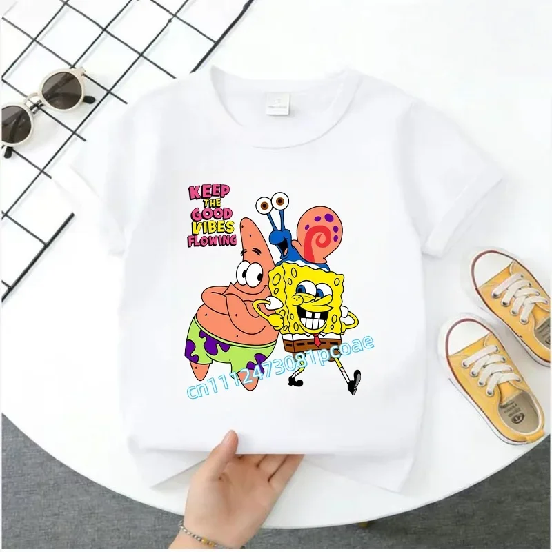 SpongeBob Cartoon Print Summer T-Shirt for Children - 100% Cotton Short-Sleeved Boys' Sport Shirt for Girls - Casual Top
