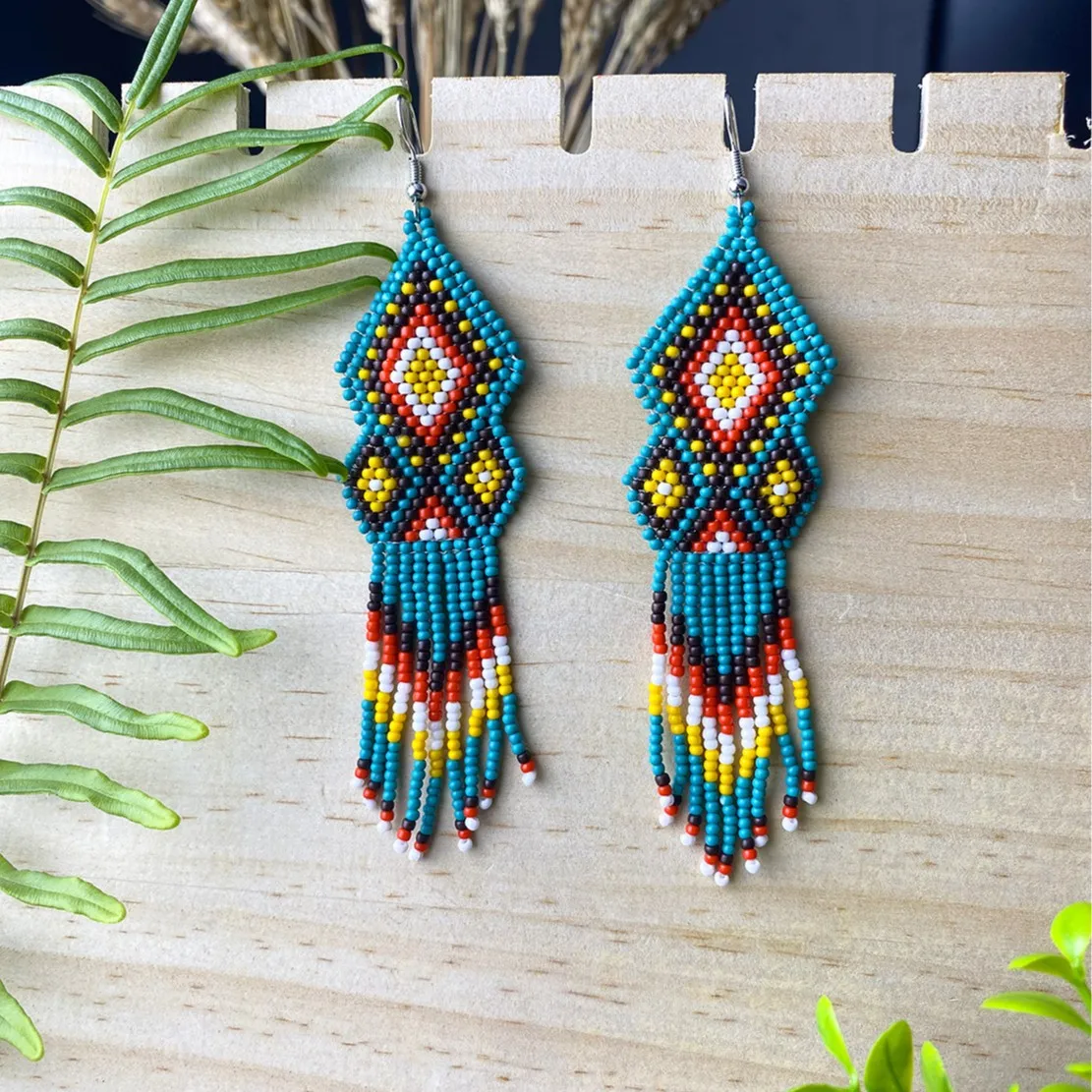 ZGMXR Rice bead earrings Tassel Geometry Rainbow Gradual color Bohemia Hand-woven Alloy Woman Fashion Simple Beaded earrings
