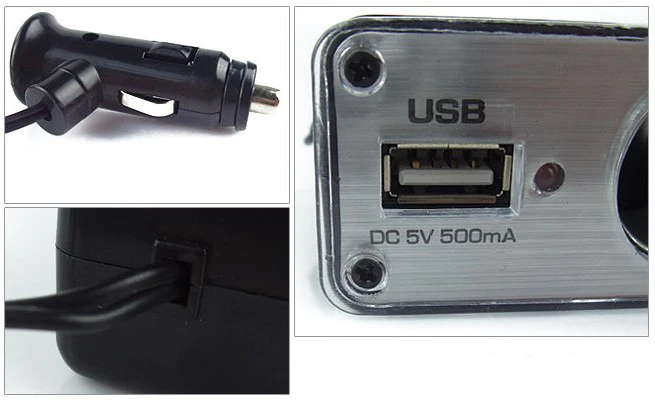 DC12V 3 Ports Auto Cigarette Lighter Splitter with USB Port, 60W 5A Fuse Car Power Adapter Black 50cm Wire