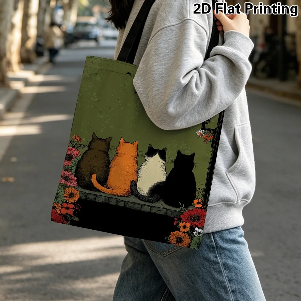 1pc 2D Printed Four Cats Watching Birds Pattern Tote Bag, Reusable Grocery Bags with Durable Handles, Versatile Shoulder Bag