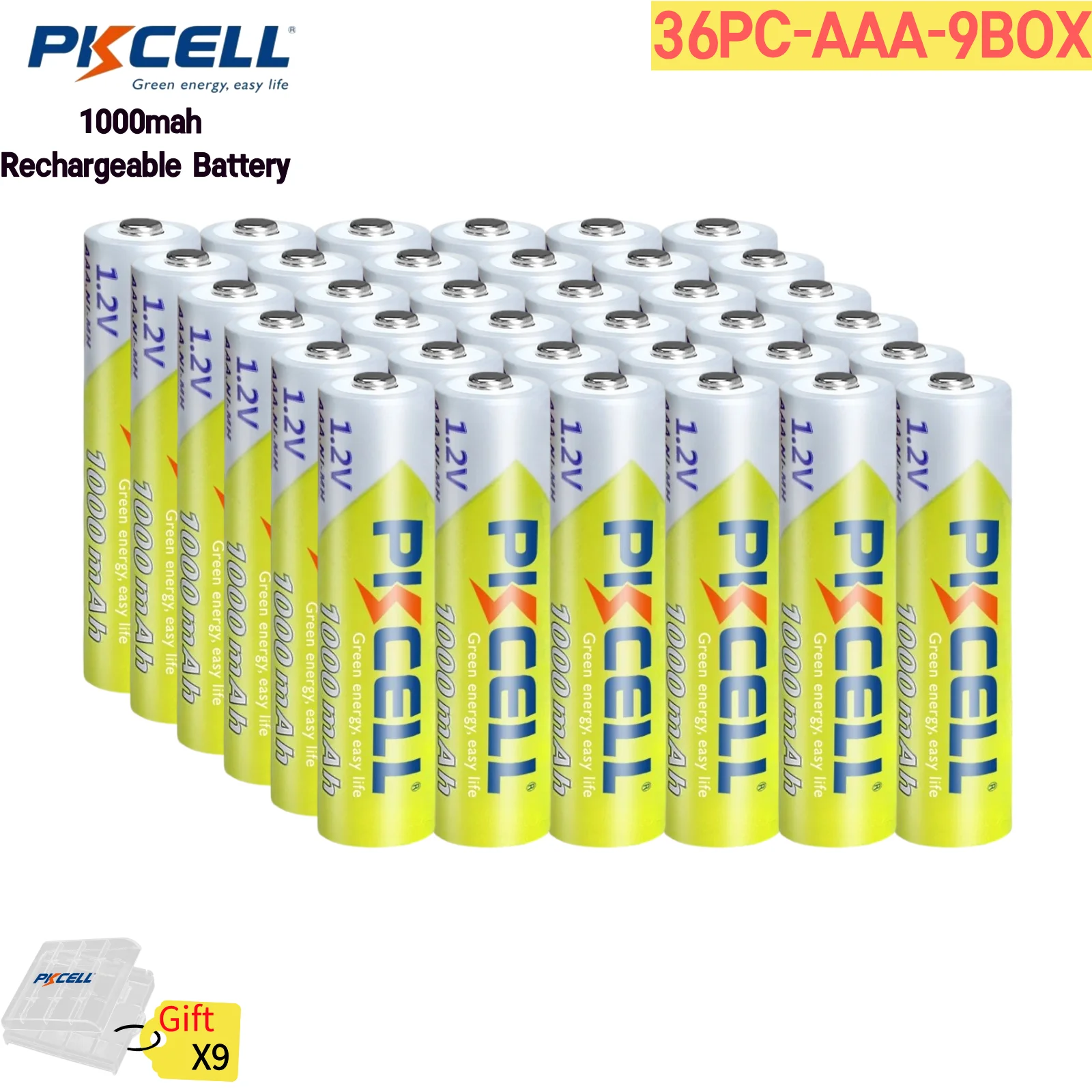 PKCELL 36PC High Capacity 1000mAh NiMH Triple A Battery 1.2V NI-MH Pilas AAA Recargables Batteries For Digital cameras