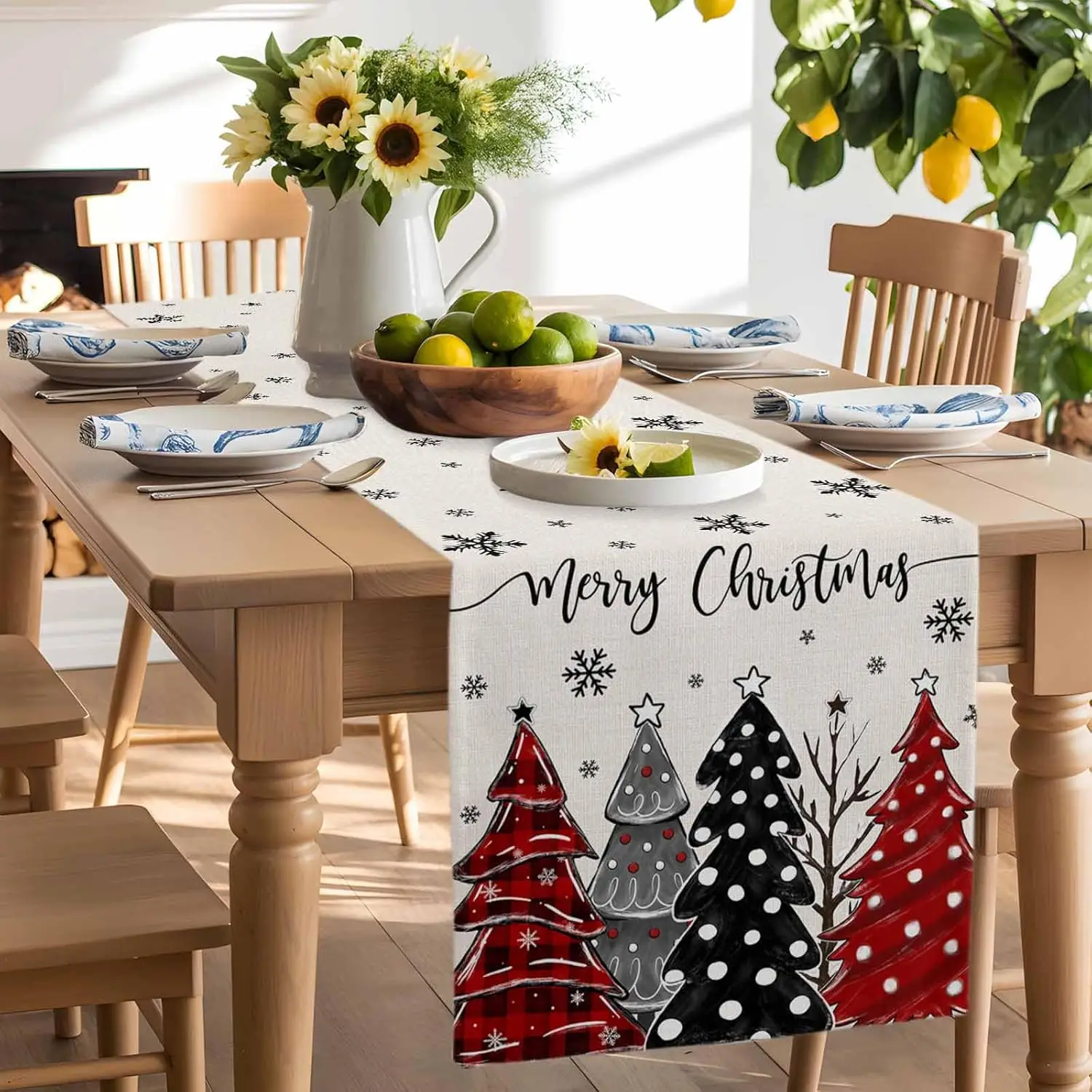 Christmas Red Black Xmas Tree Snowflake Table Runner Party Decor Reusable Kitchen Dining Table Runner Christmas Decoration