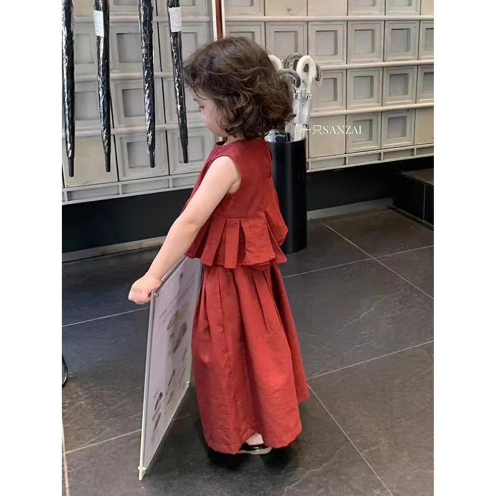 New Arrival Toddler Girl Korean Crimson Crimped Camisole, Lovely Flounce Blouse & Loose Trousers