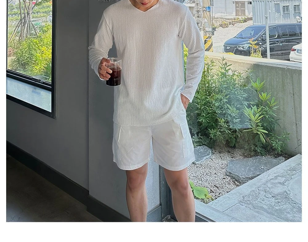 Small V-neck Knitted Long Sleeved T-shirt for Men's Spring and Summer Casual T-shirt Cover Up, Loose Top