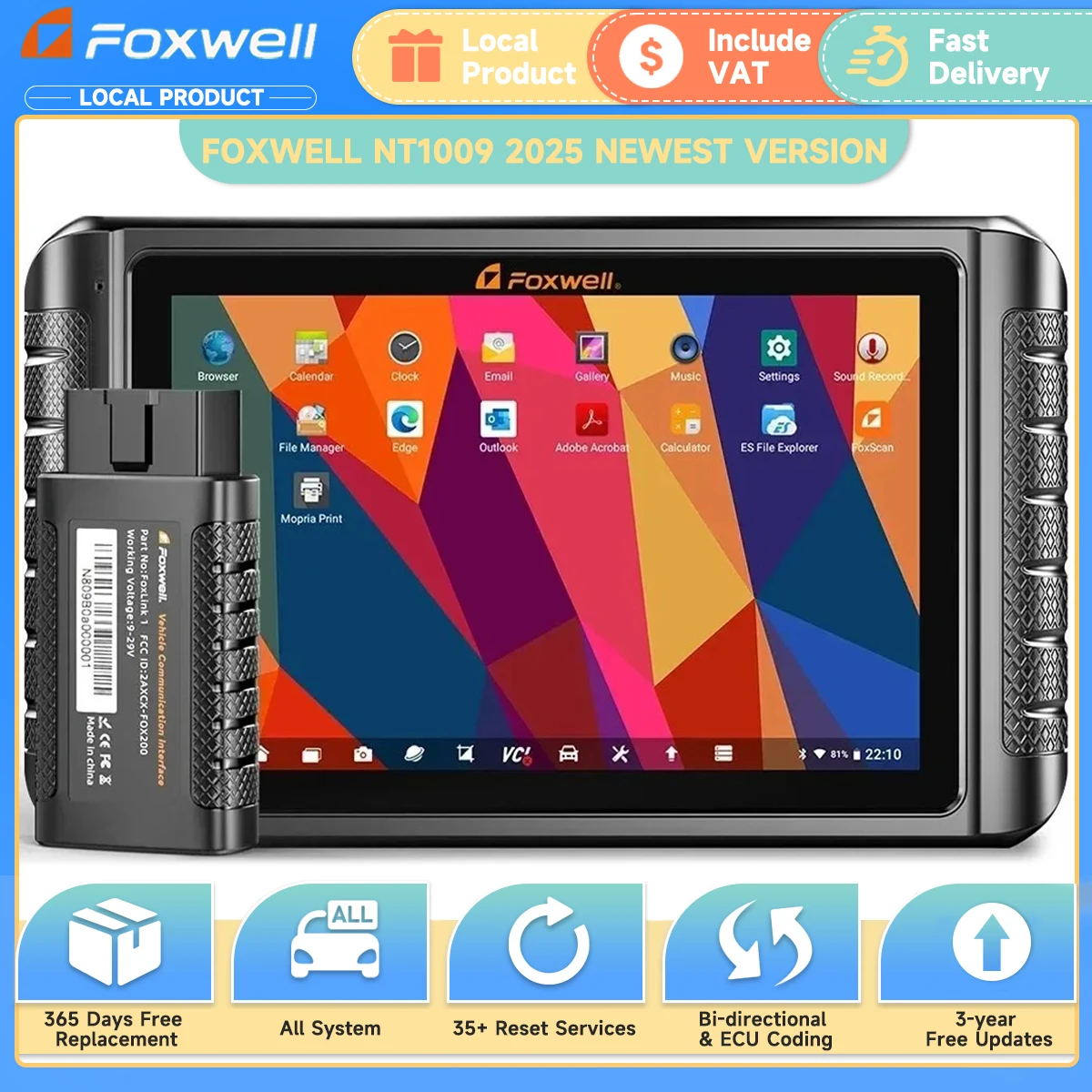 FOXWELL NT1009 OBD2 Bluetooth Car Diagnostic Scanner ECU Coding Bi-Directional All System 35+Reset OBD 2 Automotive Scan Tools