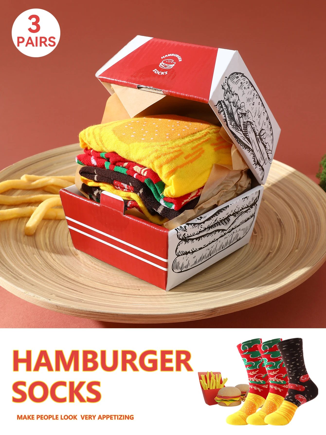 

3 pair of mid-cut unisex socks in a burger shape, novel, creative and interesting holiday gifts.