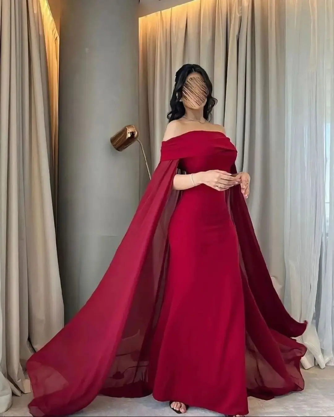 버건디 오프 숄더 이브닝 드레스 사우디 아라비아 우아한 플로트 슬리브 바디콘 여성 칵테일 파티 웨딩 게스트 드레스