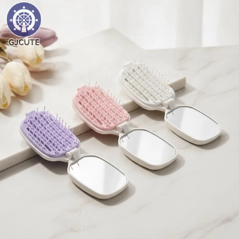 2 In 1 Travel Folding Hair Comb With Built-in Makeup Mirror One Key Hair Remover Air Cushion Detangling Scalp Massage Hairbrush