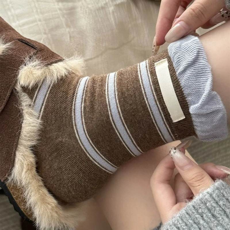 5 Pairs Autumn Stripe Coquette Socks Spring Fall Cotton Mid-Calf Slouch Loose Socks Fashion Brown Warm Socks High Quality 2025