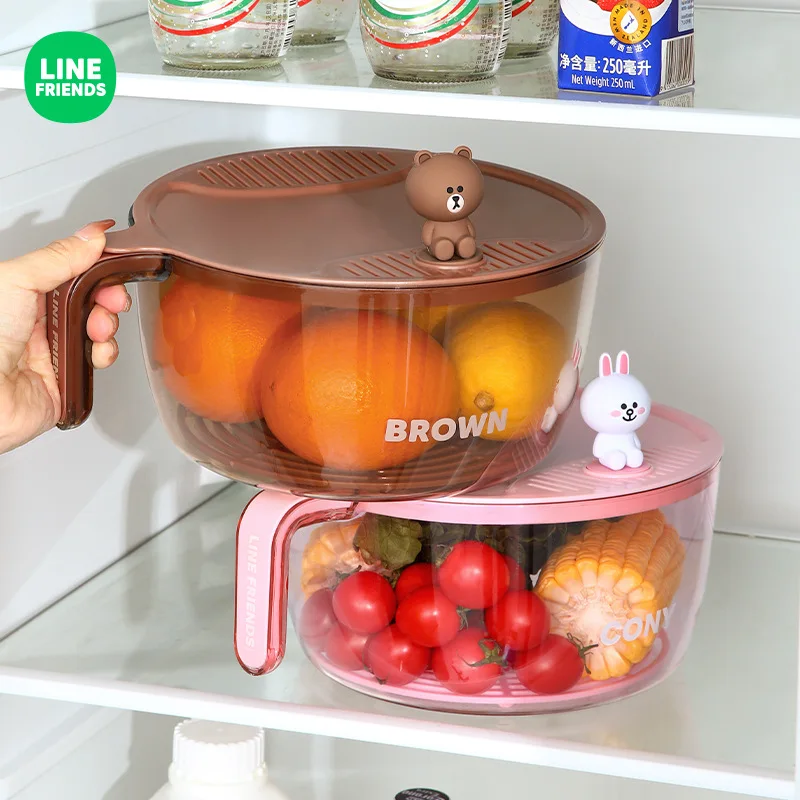 LINE FRIENDS Brown Cony Kitchen Home Multi Functional Anime Kawaii Wash Vegetables Drain Water with Cover Wash Fruit Basket Gift