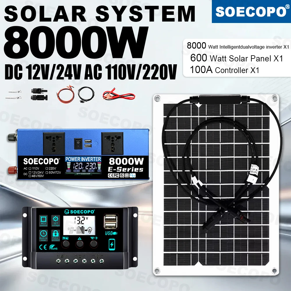 8000W Peak Solar Kit Survival Kit 110V/220V 600W Flexible Panel 1000W Rated Inverter 100A  Controller for Trekking Fan Use camp