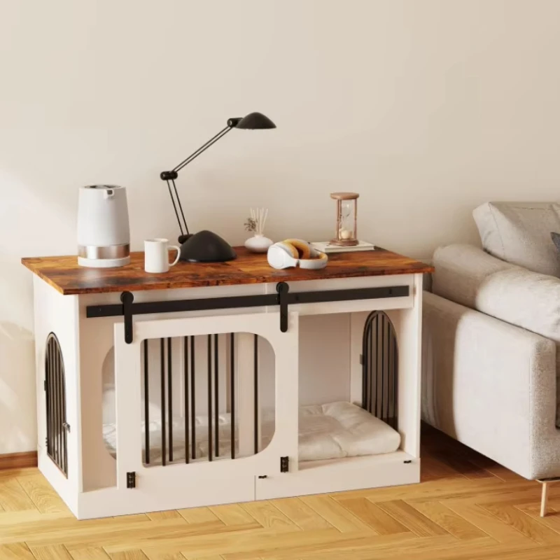 

39.4 Modern Farmhouse Kennel Crate Furniture Decorative White Wooden Pet House with Cushion Indoor Coffee Table Cage