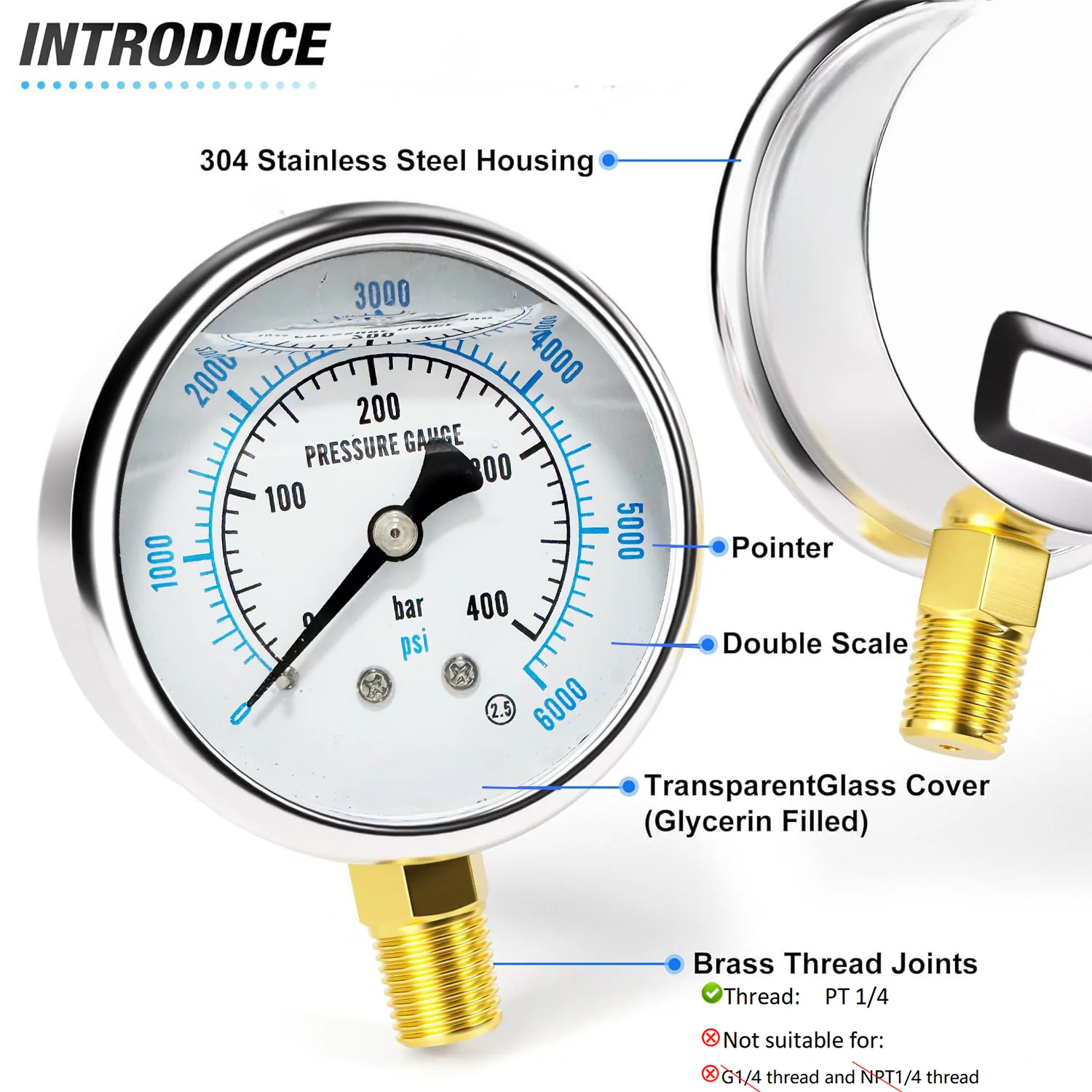Seismic Pressure Gauge, 400bar, 6000psi, Glycerin Filled, Suitable for PT 1/4 Thread Interface. Includes PTFE.