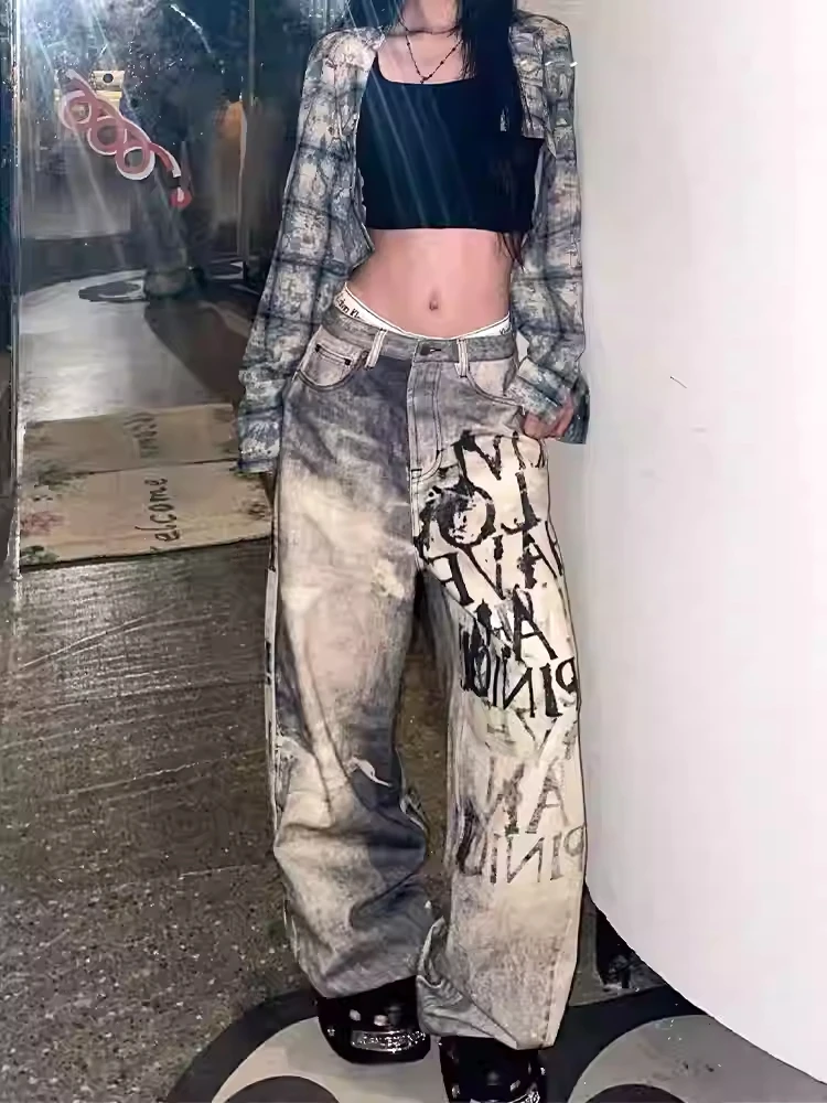 

Осень-зима 202, женские джинсовые брюки Y2K, японские мешковатые джинсы, широкие мужские джинсы в стиле гранж, Харадзюку, ковбойские джинсы для мам в стиле панк, гот