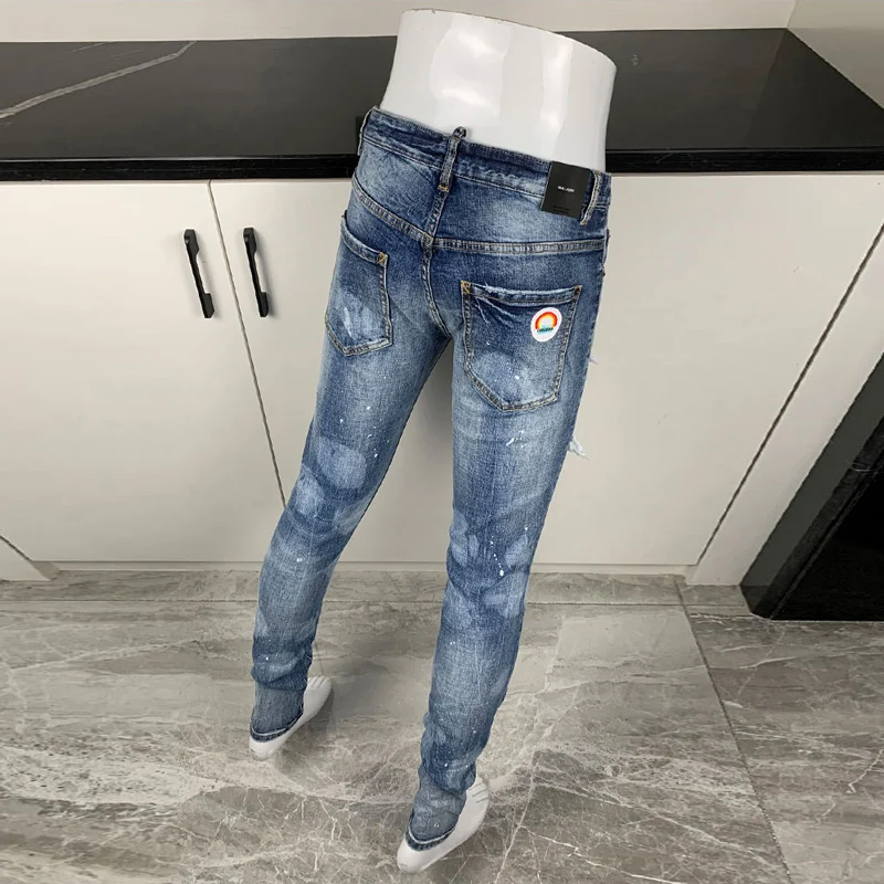 High Street Fashion Men Jeans Retro Washed Blue Elastic Skinny Fit Ripped Jeans Men Brand Designer Vintage Denim Pants Hombre