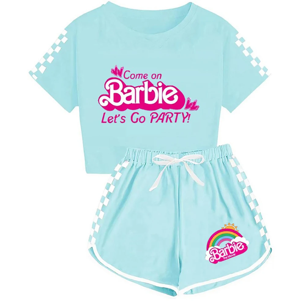 Miniso Barbie Boy Girl 120-160Cm T-Shirt Shorts 2-Pcs Set Tracksuit Summer Casual Sport Suit Soft Cotton Blue Cyan Gift Purple