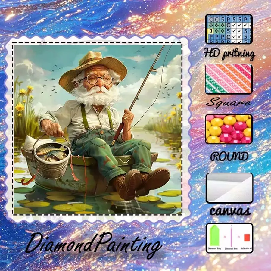1 piece of 5D DIY flocking cloth, special drill, diamond painting kit, fishing, old man, pattern mosaic, diamond art