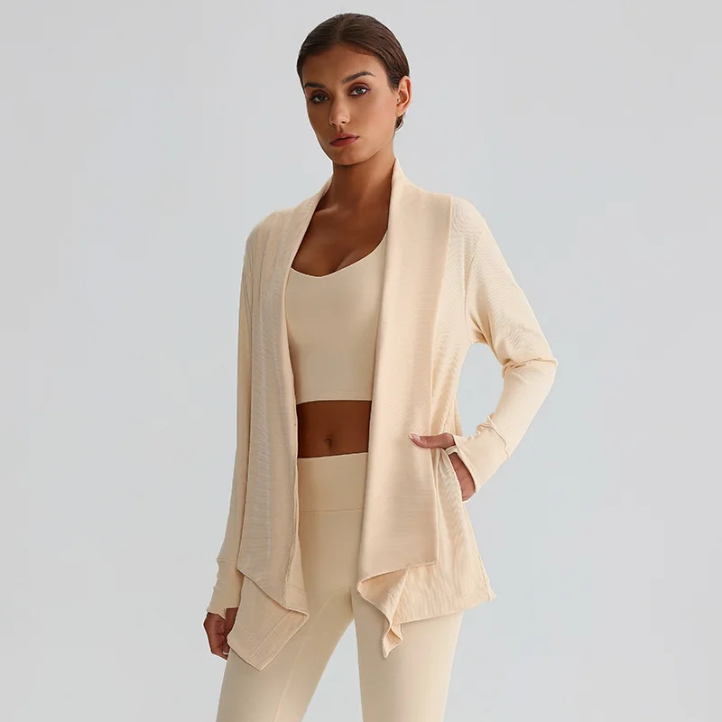 Solid Color Coat Shawl Fitness Women Sport Long Sleeve t-shirt yoga Loose thread Training T-shirt Blouses Breathable sportswear