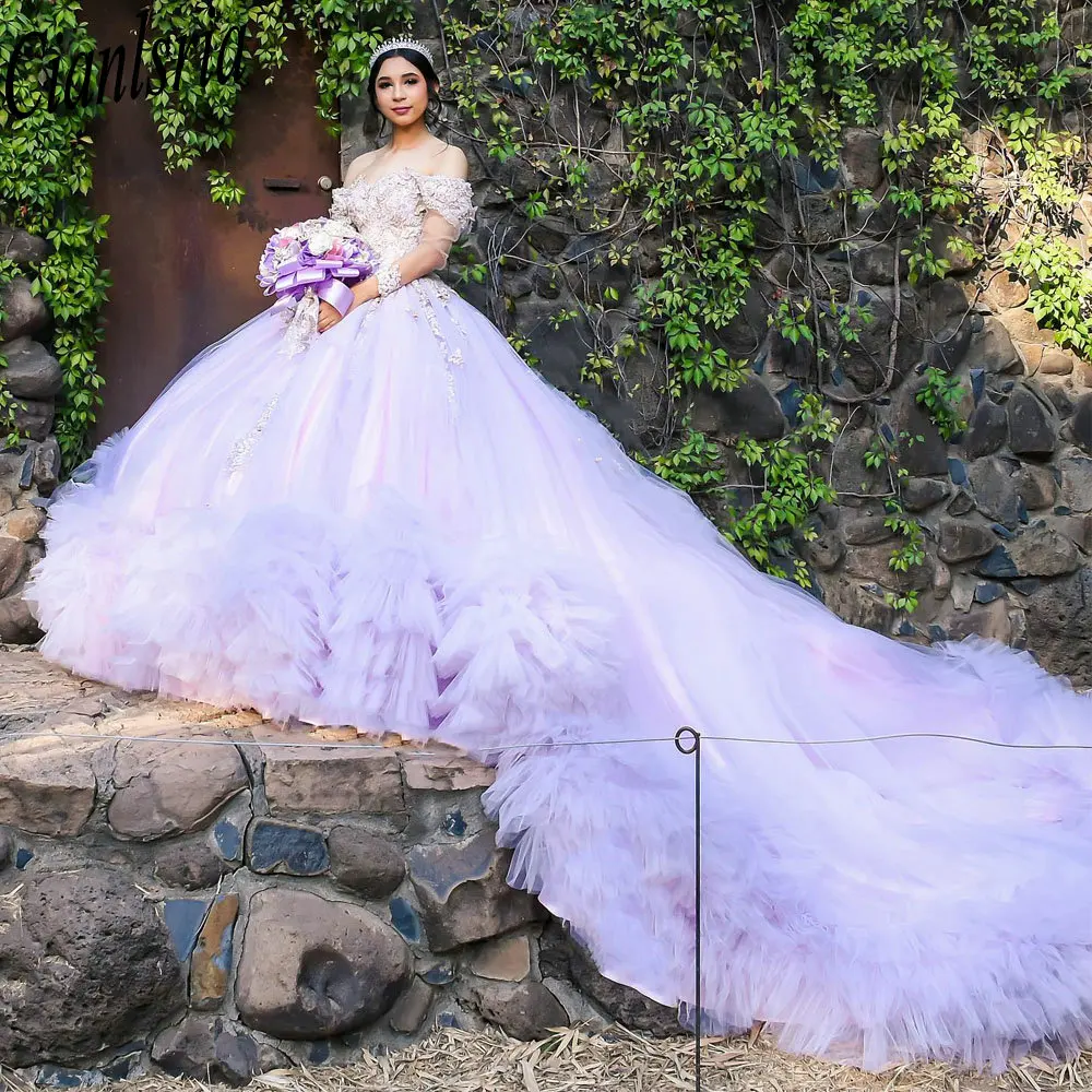 

Lilac 3D Floral Lace Ball Gown Quinceanera Dress Off The Shoulder Pleat Corset Vestidos De XV Años