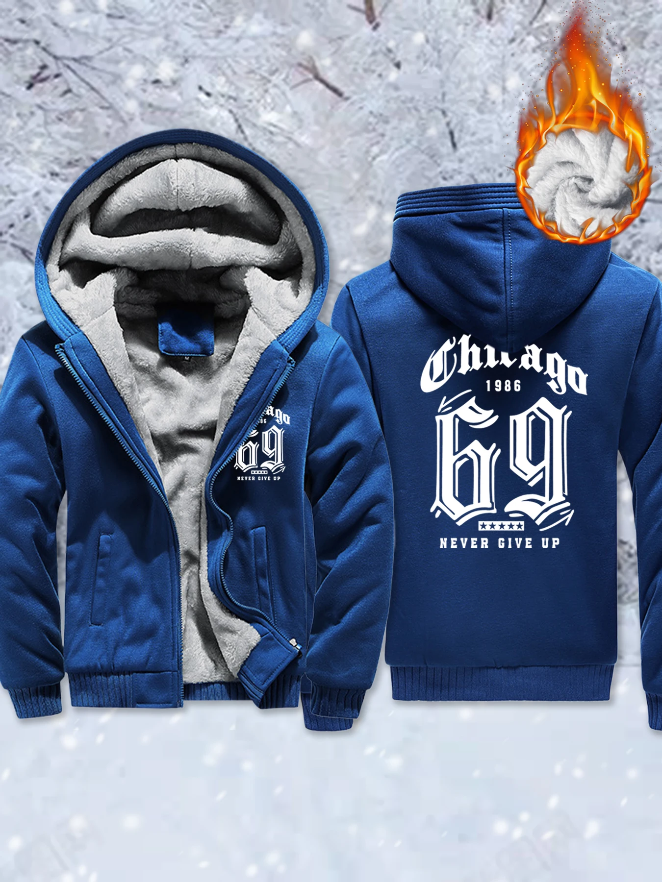 

Chicago Never Give Up Print Man'S Fleece Basics Jackets Zip-Up Pocket Coat Thicken Winter Sportswear Warm Comfy Outwear Unisex