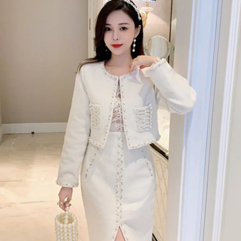 Fashion Women's Tweed 2 Piece Set Autumn Winter Pearls Beaded Long-Sleeved Short Jacket Coat + High Waist Sexy Split Skirt Suit