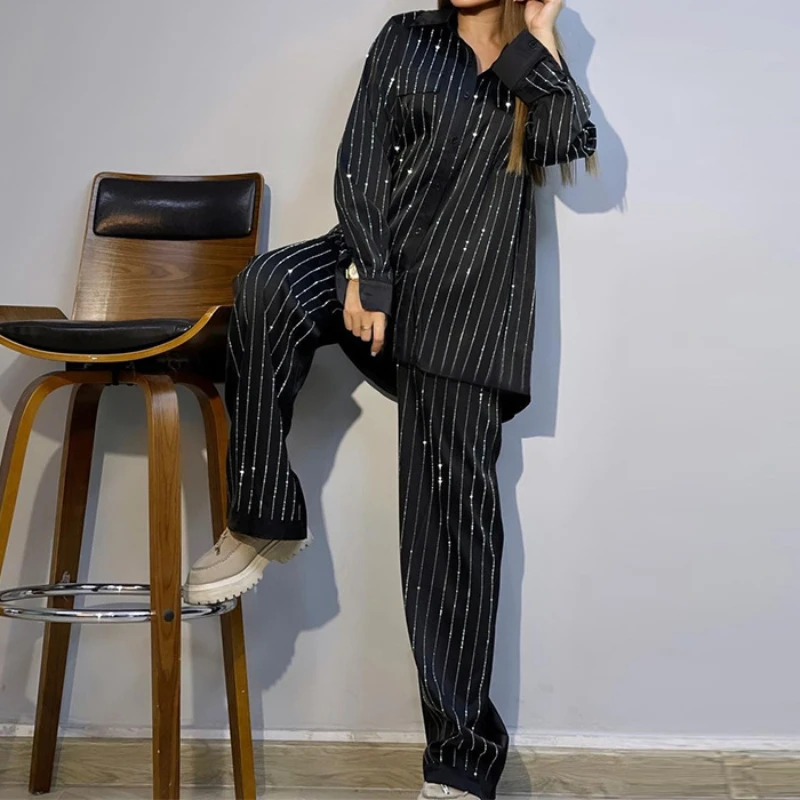 Women Two Piece Sets Print Striped Pant Set Turn Down Collar Full Sleeve Shirt Coats Loose Casual Long Wide Leg Pants 2024