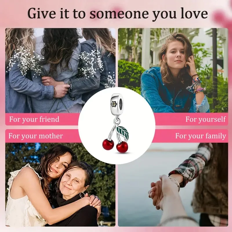 Cuentas de esmalte rojo con forma de cereza y fruta, adecuadas para pulsera, collar, llavero, cuentas de plata 925 para mujer, joyería DIY, regalo exquisito