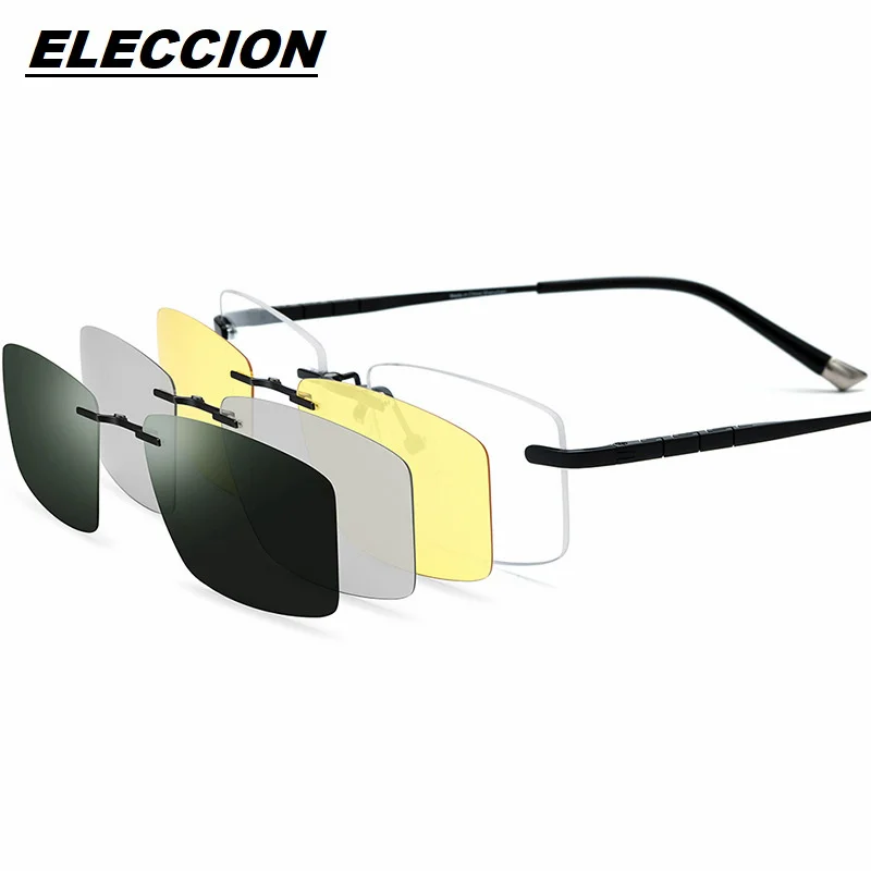 ELECCION Pure Titanium Glasses Frame Men Square Magnet Clip Rimless Eyeglasses with 3D & Night Vision & Polarized Lens