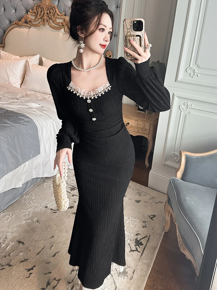 Women Clothes Autumn Winter Black Elegant Luxury Evening Dress Casual Vintage Puff Sleeve Slim Midi Robe Party Prom Vestidos New