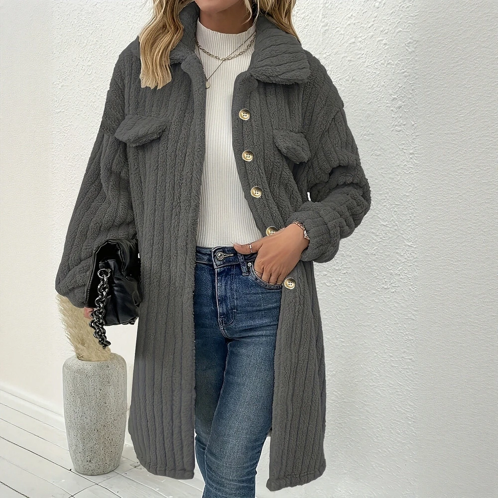 

Женское плюшевое пальто с длинными рукавами и лацканами средней длины, однобортное, в европейском и американском стиле, осенне-зимняя женская верхняя одежда