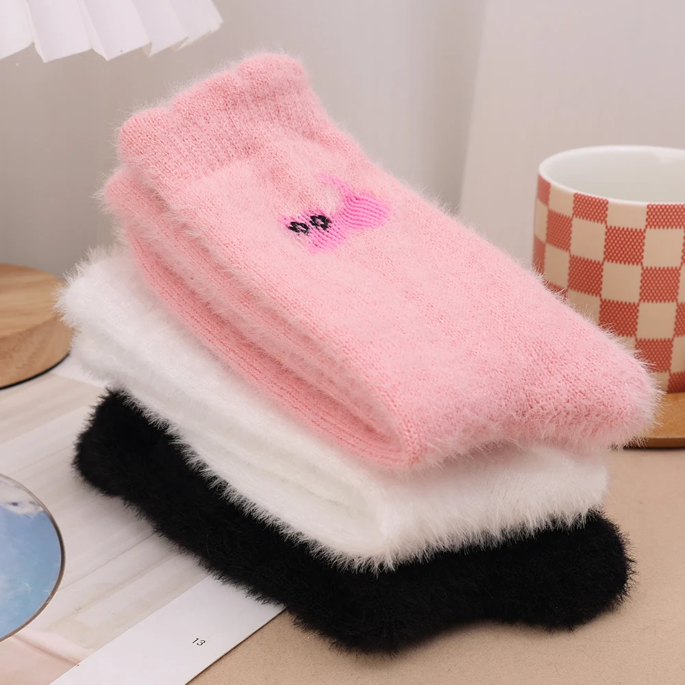 1/3Pairs Cute Cat Cozy Thickened Hairy Mink Socks Premium Feel Autumn Winter Hosiery Velvet Plush Warm Sleep Home Fluffy Socks