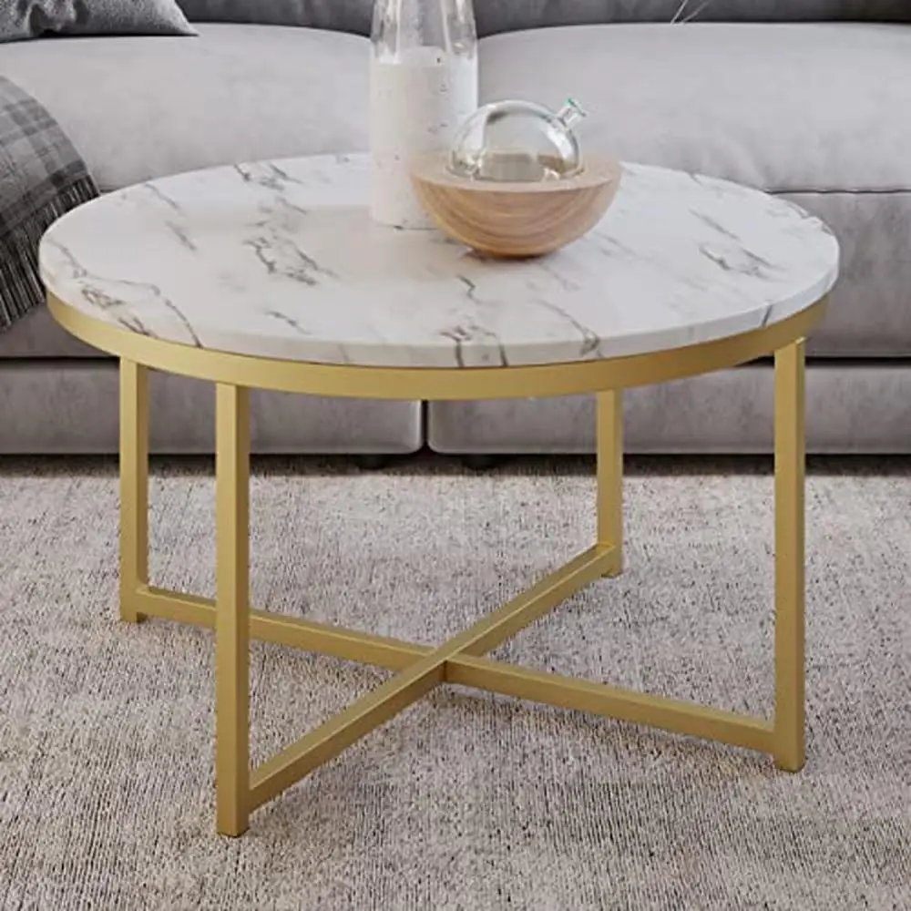 

Modern Round Faux Marble Coffee Table with Metal Crossbeam Base 31.5" White/Gold Steel Living Room Display Snack Craft 66lbs
