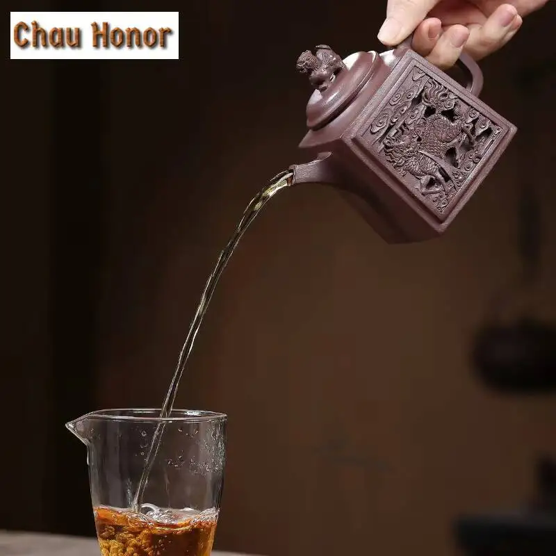 ZAEYORIA 280ml Luxury Yixing Purple Clay Teapots Handmade Square Kylin Pot Raw Ore Dicaoqing Mud Kettle Chinese Zisha Tea Set