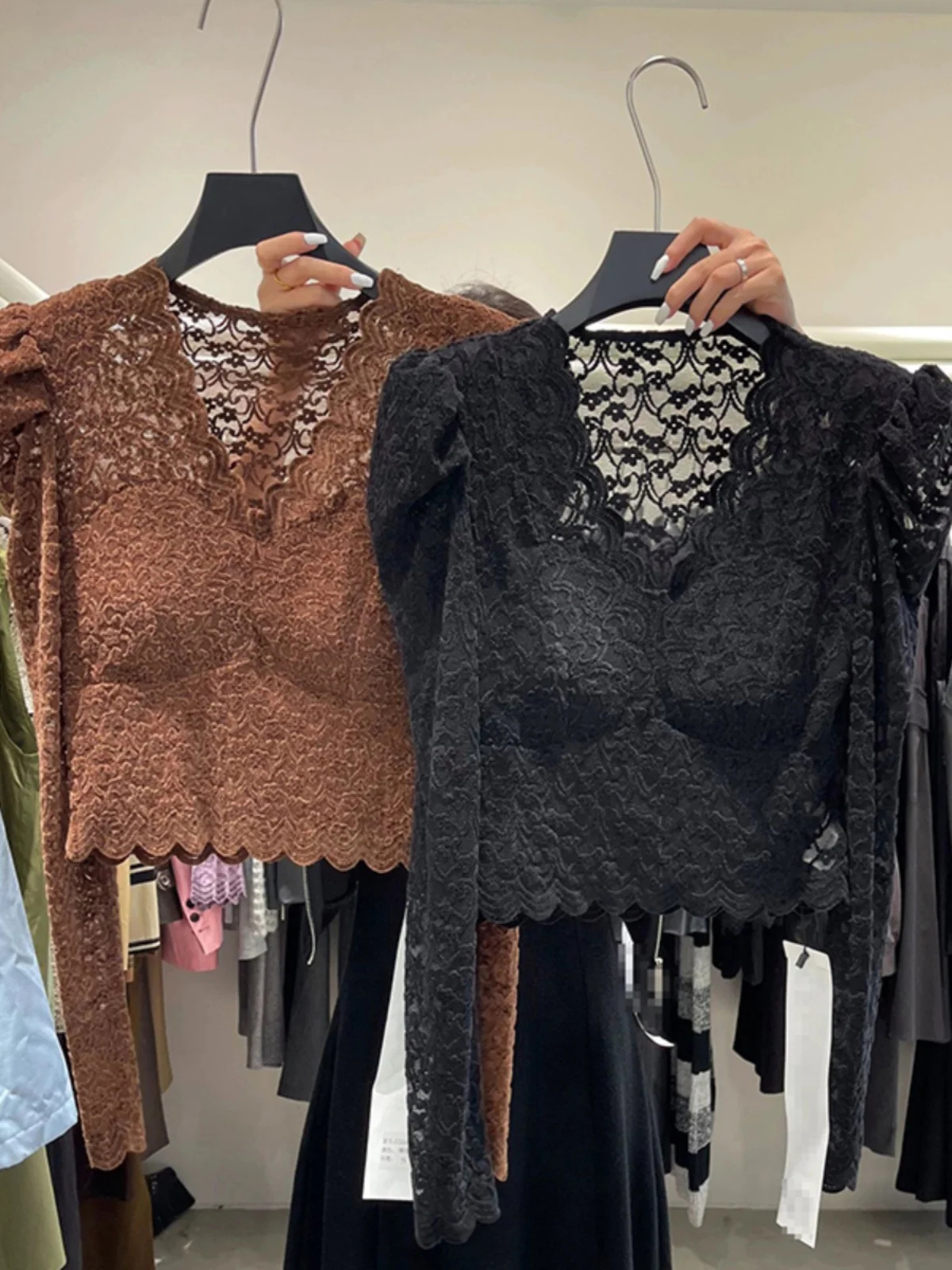 

Ele Lace Bubble Sve Blouse V-Ne Top Women's Base Layer irt Sexy White Spring Autumn New Sle Commute Korean Sle