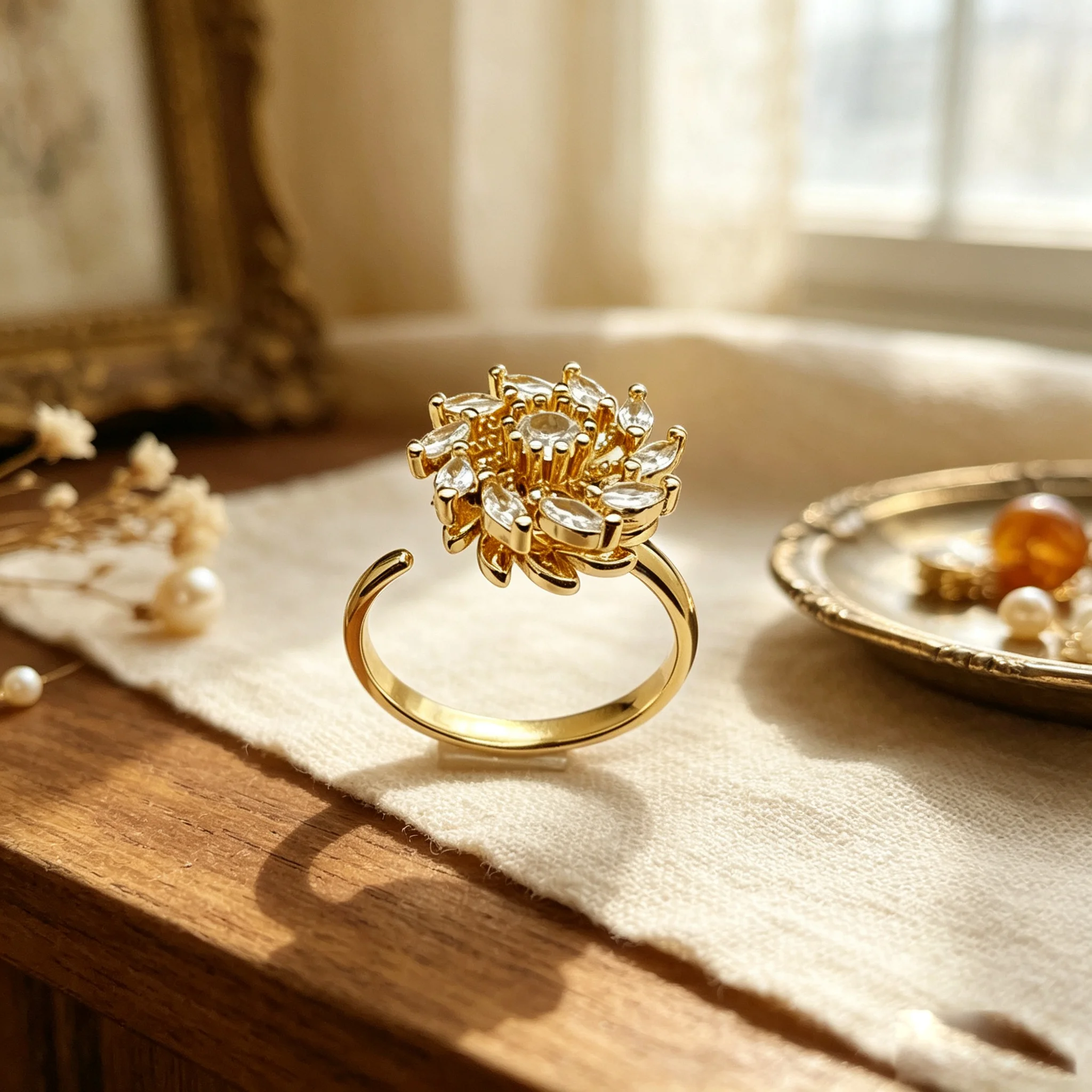 Fidget Spinner Floral Ring for Women Gold Multi Layer Flower Clear Zircon Adjustable Open Band Banquet Statement Jewelry Gift