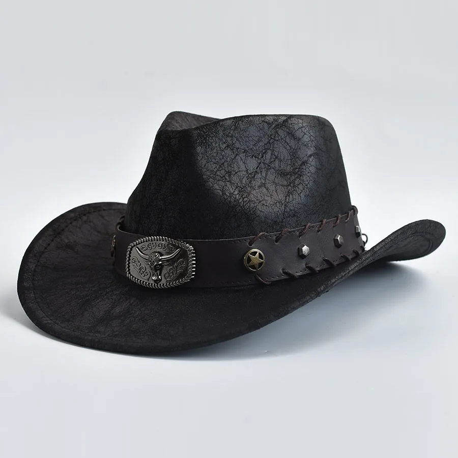 Zachodni kowbojski kapelusz dla mężczyzn kobiety Faux Leather Vintage Gentleman Cowgirl kostium czapki jazzowe Sombrero Hombre
