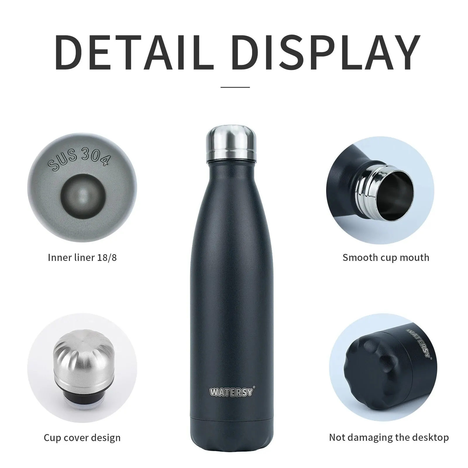 1pc, -17oz/500ml, Watersy Insulated Stainless Steel Water Bottle - Keep Drinks Cold for 24 Hours and Hot for 12 Hours - Perfect