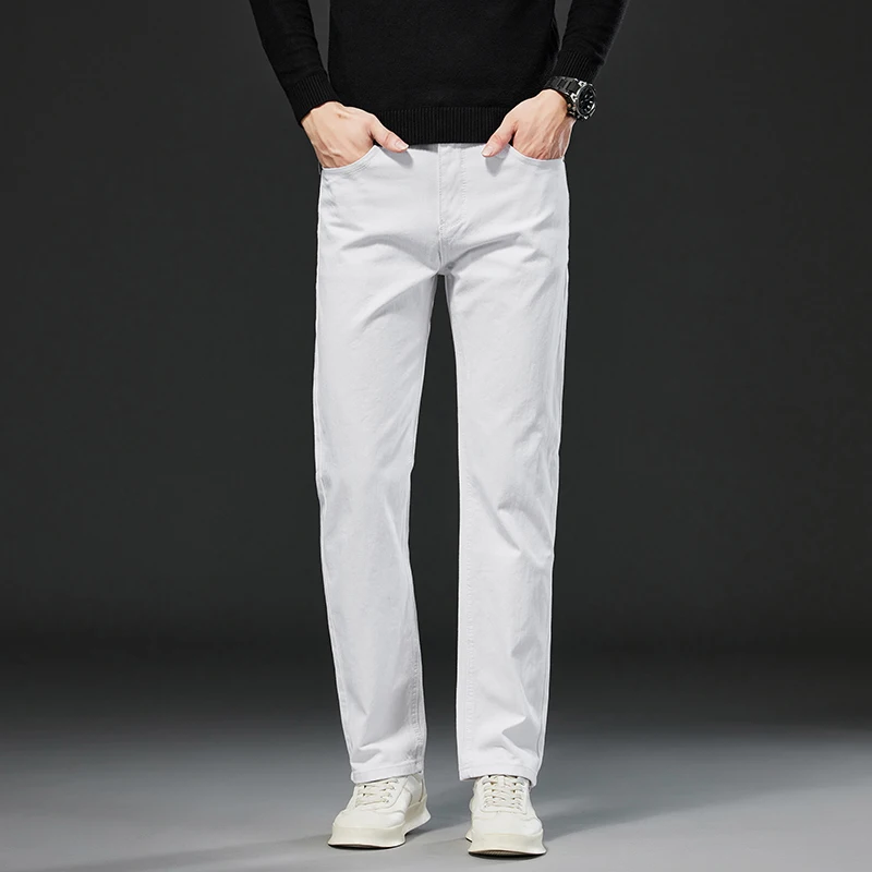 Jeans reto stretch simples e high-end masculino, calça cor pura, rua diária com tudo a combinar, casual, verão