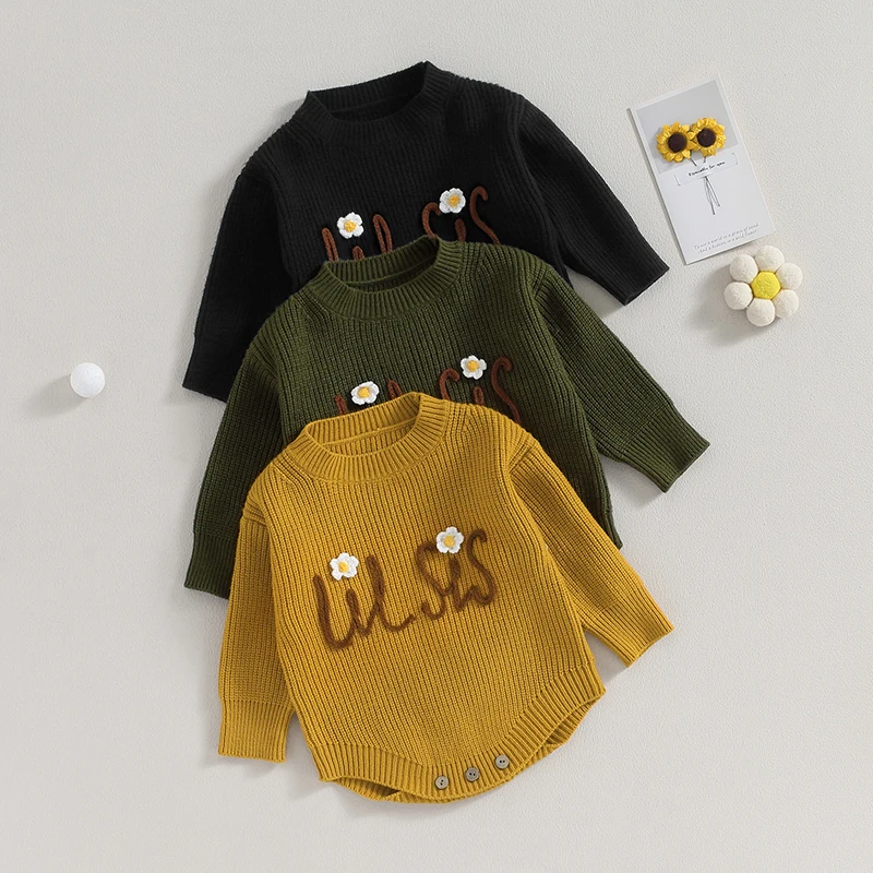 

Baby Girls Sweater Romper Letter Embroidery Long Sleeve Knit Jumpsuits for Newborn Infant Toddler Cute Fall Winter Clothes