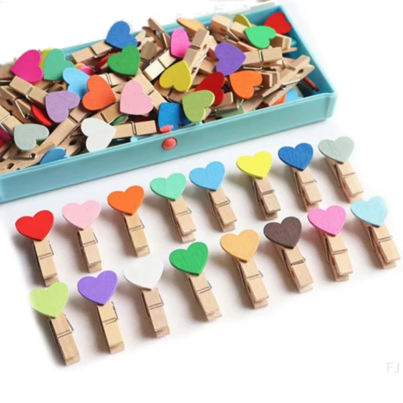 [YU]50pcs Wooden Colored Love Heart Photo Clip Memo Paper DIY Photo Clips Wedding Decoration Postcard Clips Clothespin