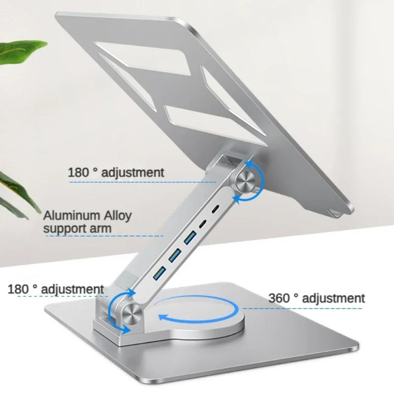 Imagem -03 - Suporte Giratório Dobrável de Alumínio para Laptop com Hub Usb 3.0 tipo c para Macbook Windows 1017 Pol. para Escritório Doméstico 360 °