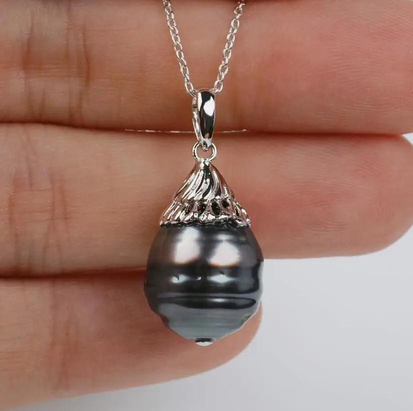 

13-11mm Black Tahitian South Sea Pearl Pendant Necklace Sterling Silver, 18"