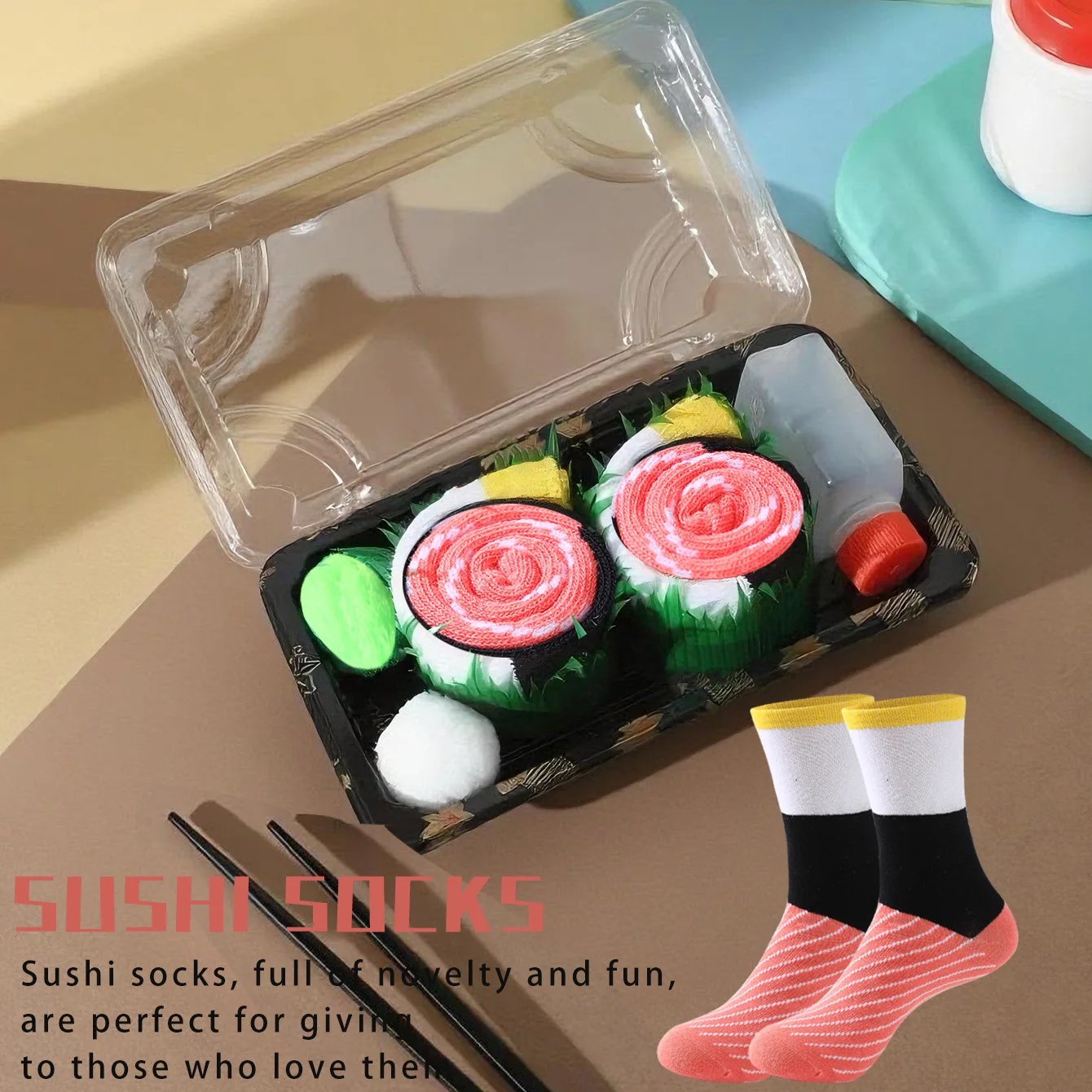 1 par de calcetines a media pantorrilla para hombres y mujeres, novedosos y divertidos calcetines coloridos con caja de sushi de salmón, estilo de tendencia de moda europea y americana, cómodos y transpirables, regalo novedoso informal para fiestas, San Valentín, Navidad, Papá Noel, estilo de otoño e invierno, calcetines para todas las estaciones