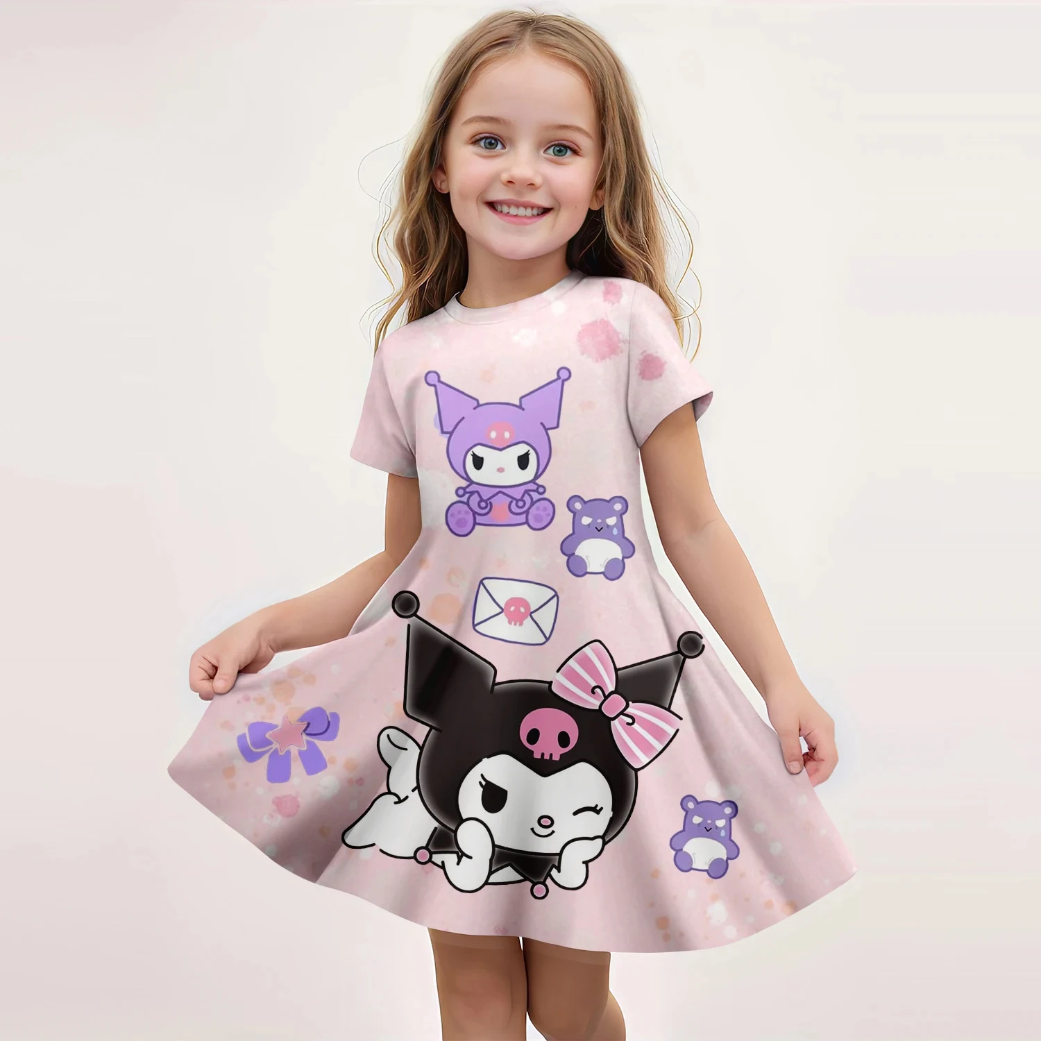 MINISO Summer Girls New Fashionable Women Short Sleeve Dress Cartoon Cute Kuromi 3D Printed Dress For Children's Summer Home